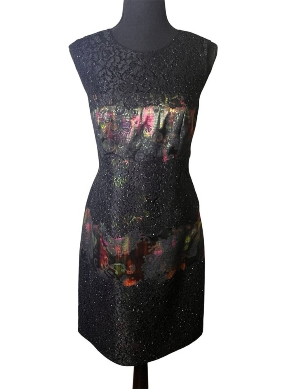 Kay Unger New York Sz 8 Black Dress Sleeveless Lace Derby Jacquard Metallic - Picture 2 of 11